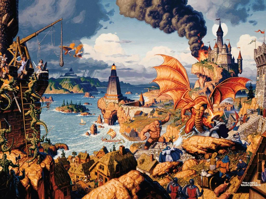 Ilustración de Ultima Online: ciudad, castillo y dragón